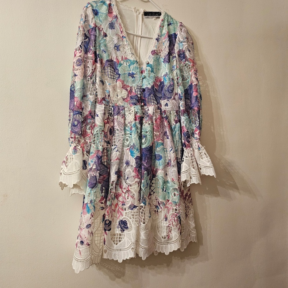 Dalia MacPhee Lace Floral Embroidered Midi Dress M Boho Cottagecore Romantic